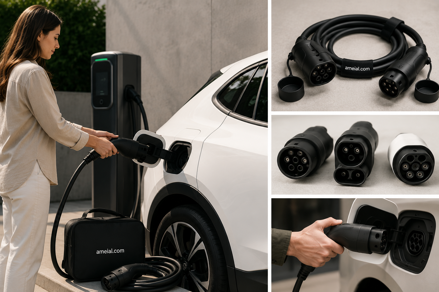 Cables EV y conectores Tipo 2, CCS y CHAdeMO sobre fondo técnico