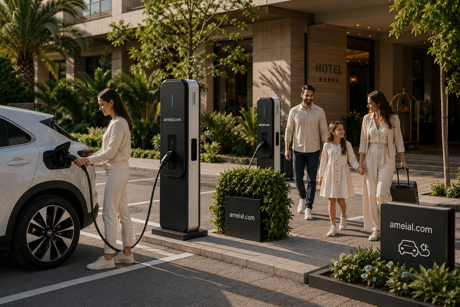 Hotel con puntos de carga EV visibles para huéspedes